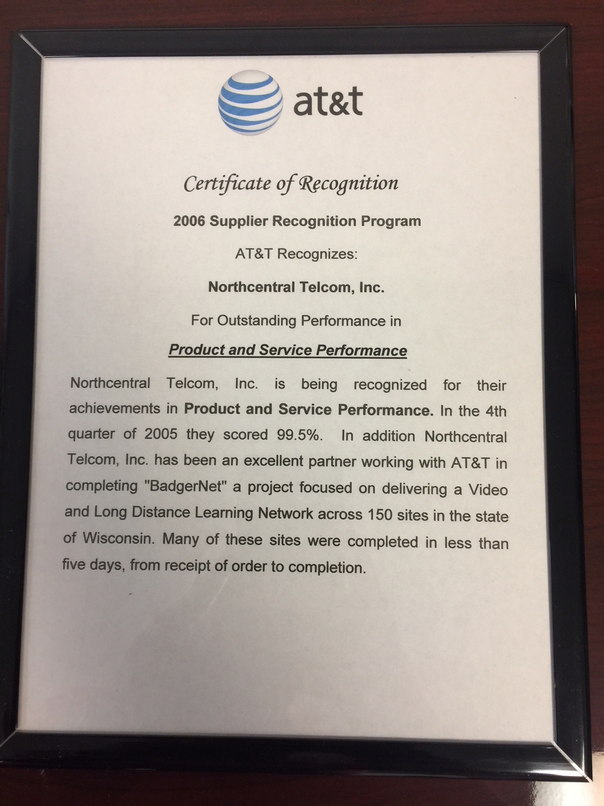 Northcentral Telcom, Inc. - AT&T 2006 Supplier Recognition Program