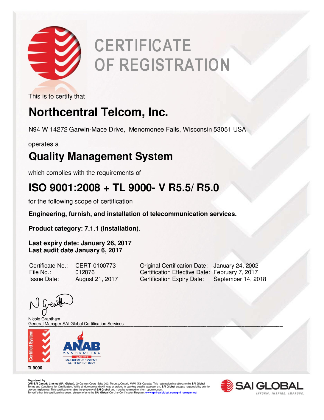 Northcentral Telcom ISO 9001:2008 & TL 9000 Certification 